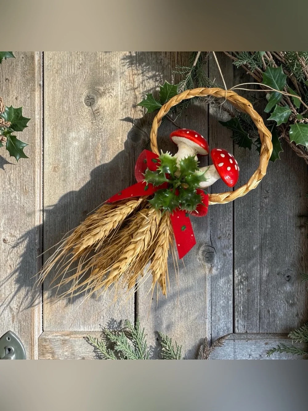 Hand Crafted Red Mushroom and Wheat Holiday Hanging